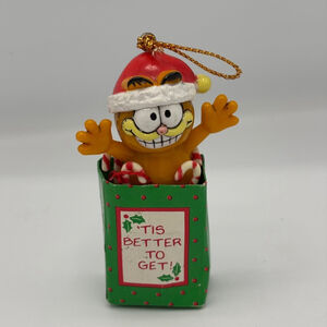 Vintage 1981 Enesco Garfield Christmas Ornament Tis Better To Get Green Gift Bag